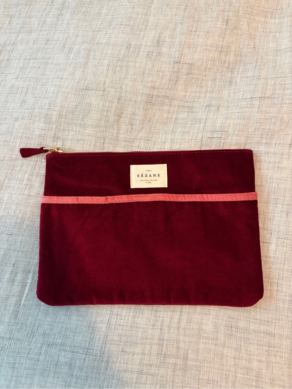 Sezane Burgundy Cotton Velvet Zip Pouch - new